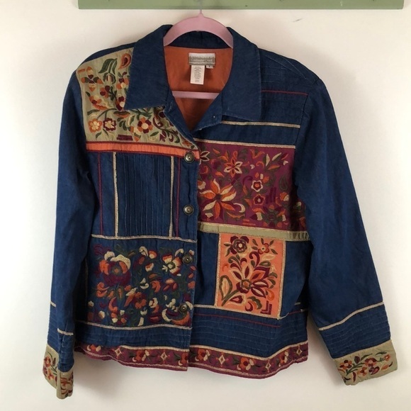 Coldwater Creek Floral Embroidered Gold Metallic Denim Jacket Shacket size L - Picture 1 of 9
